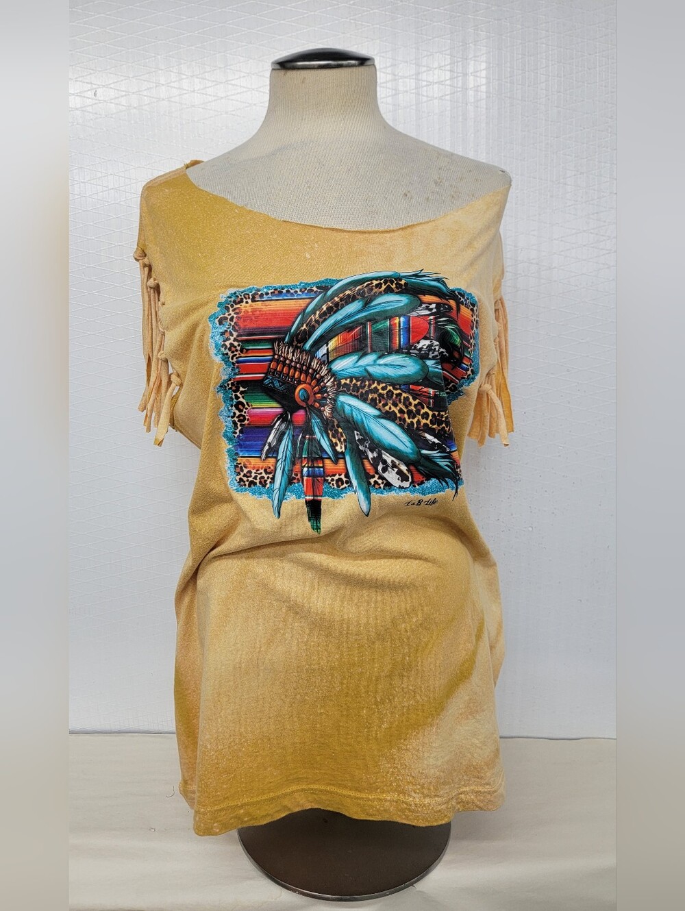 Boho Southwest Fringe Tee with Turquoise Feather Headdress Graphic- Upcycled